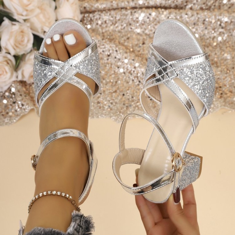 Sandal Strappy Heeled - Damskie sandały na słupku, złote, błyszczące,