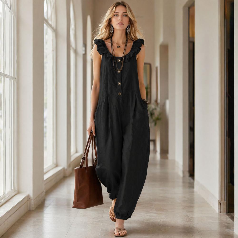 Luźny kombinezon damski z falb – Jumpsuit Linen Relaxed recenzja i cena